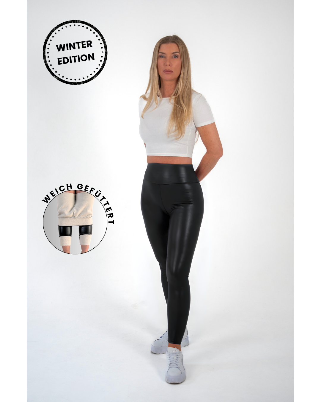 Damen GlamShape™ Thermo Lederleggings – glänzende Kunstleder Leggings, Thermofutter innen, High Waist Bund, figurformend, beste Winterleggings gegen Frieren.