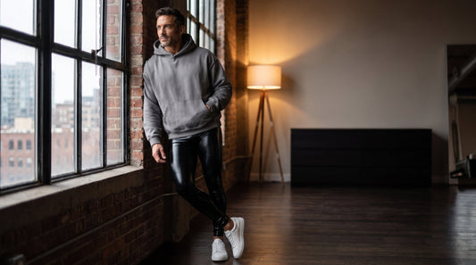Mann in glänzenden Wetlook-Leggings und grauem Hoodie im Loft – Meggings für Männer