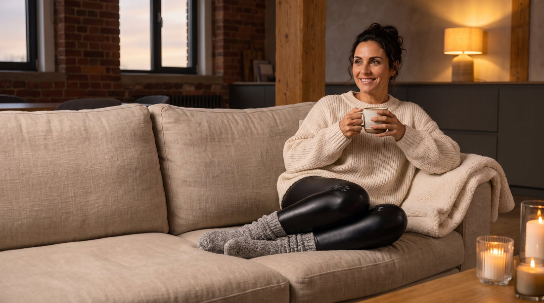 Frau in Kunstleder-Leggings und Strickpullover entspannt auf dem Sofa – Wetlook-Leggings zuhause