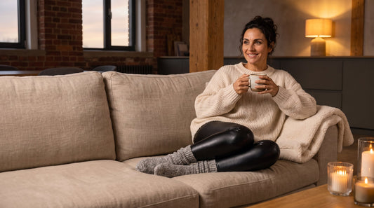 Frau in Kunstleder-Leggings und Strickpullover entspannt auf dem Sofa – Wetlook-Leggings zuhause
