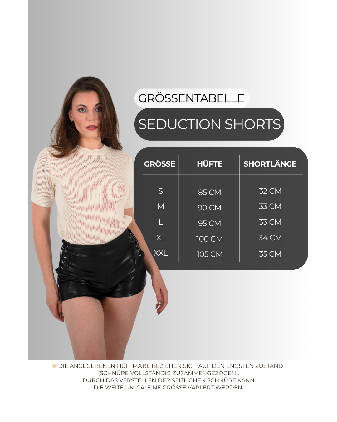 Hochwertige schwarze Kunstleder Shorts für Damen mit seitlich verstellbaren Schnüren und Reißverschluss hinten – figurbetonte Sommer Shorts im edlen Lederlook, perfekt für stylische Outfits und warme Tage.