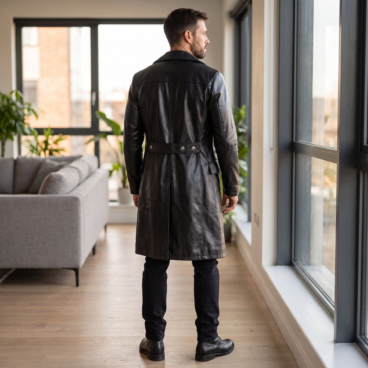 NoirCoat™ Kunstleder Mantel Herren – Rückansicht mit Rückengurt