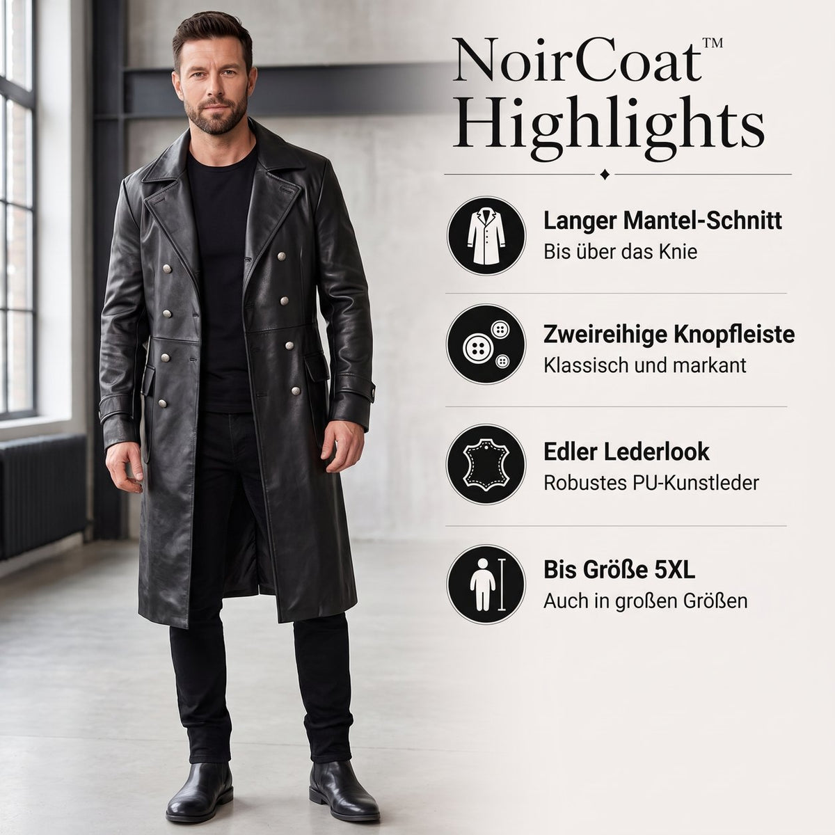 NoirCoat™ Kunstleder Mantel Highlights