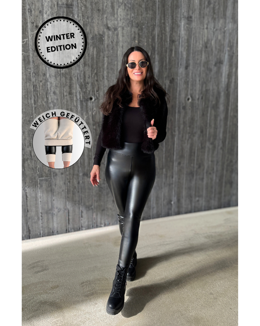 Damen GlamShape™ Thermo Lederleggings – glänzende Kunstleder Leggings, Thermofutter innen, High Waist Bund, figurformend, beste Winterleggings gegen Frieren.