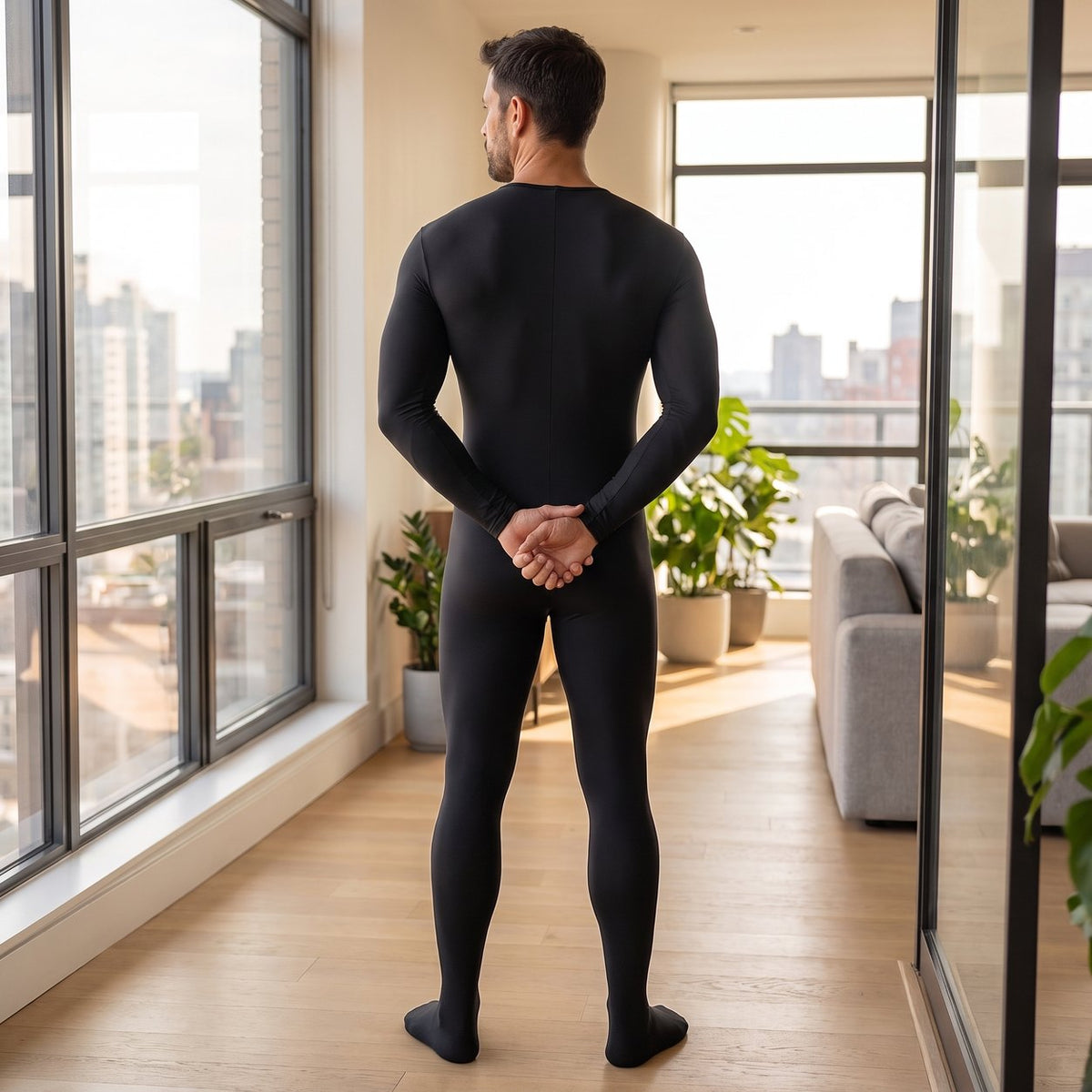 Mann im SkinFlex™ Stretch Bodysuit in Schwarz – Rückansicht | model:male