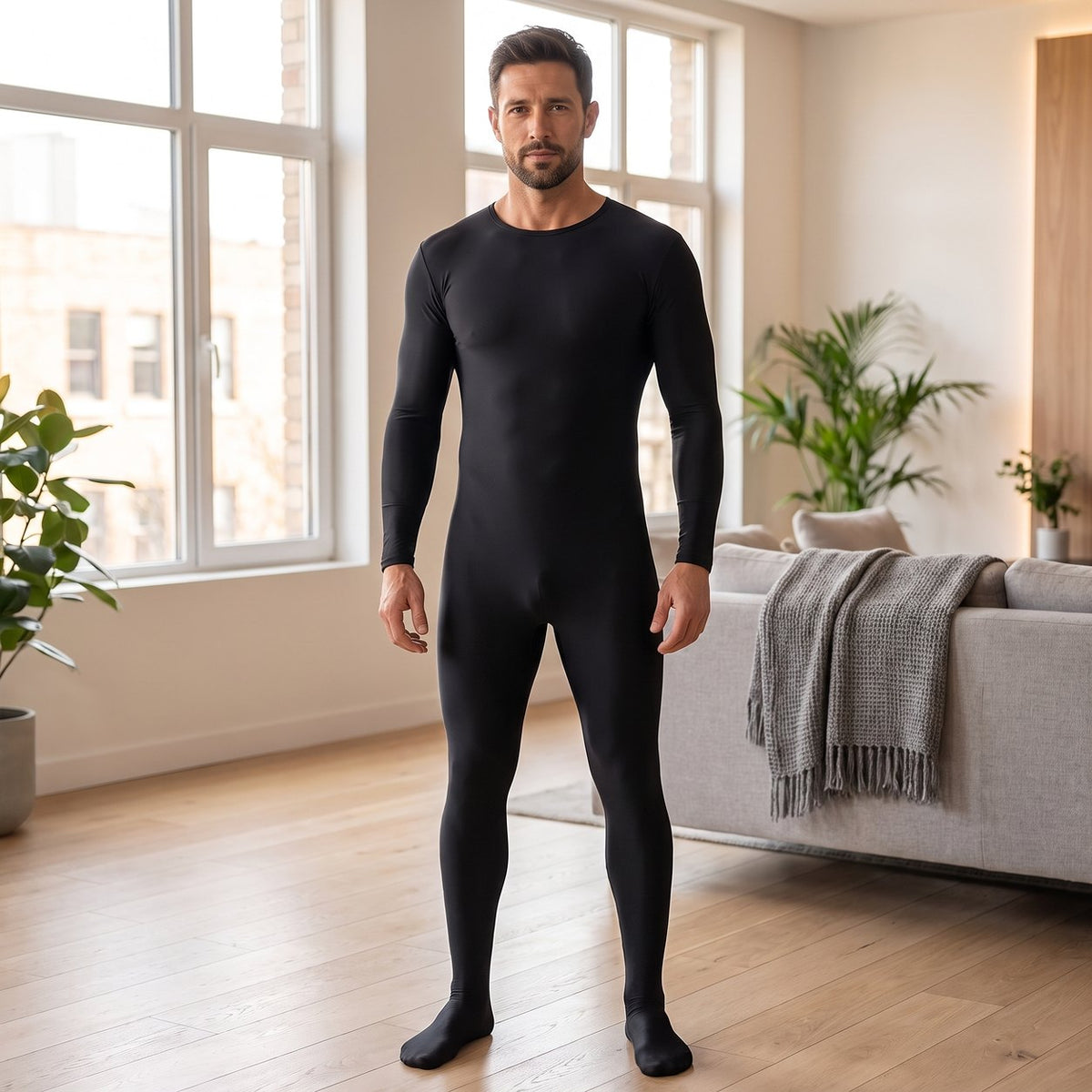 Mann im SkinFlex™ Stretch Bodysuit in Schwarz – Frontansicht | model:male