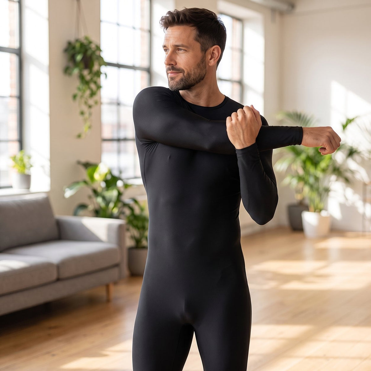 Mann im SkinFlex™ Stretch Bodysuit in Schwarz – Seitenansicht | model:male
