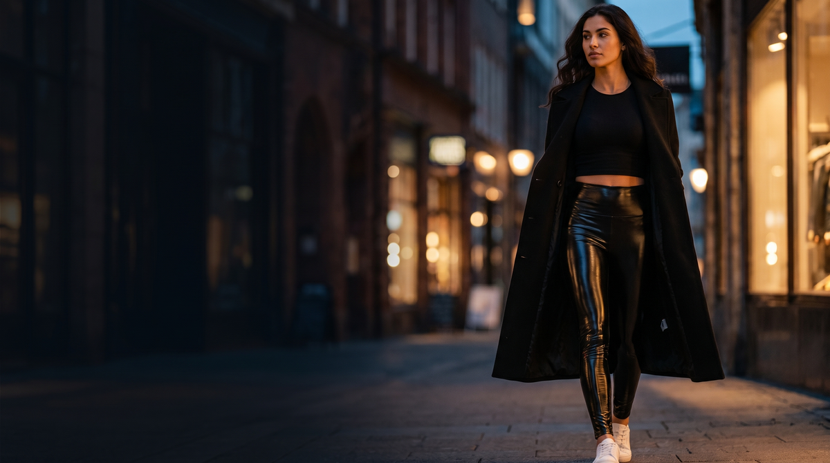 Frau in glänzenden schwarzen SNODIS Wetlook Leggings in der Stadt am Abend