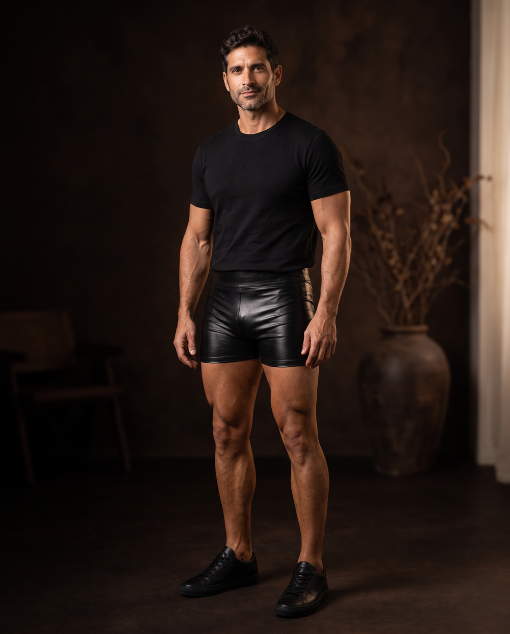 Mann in schwarzen SNODIS Kunstleder Shorts